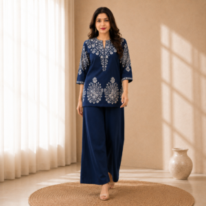 Navy Blue Gadwal Silk Embroidered Co-Ord Set