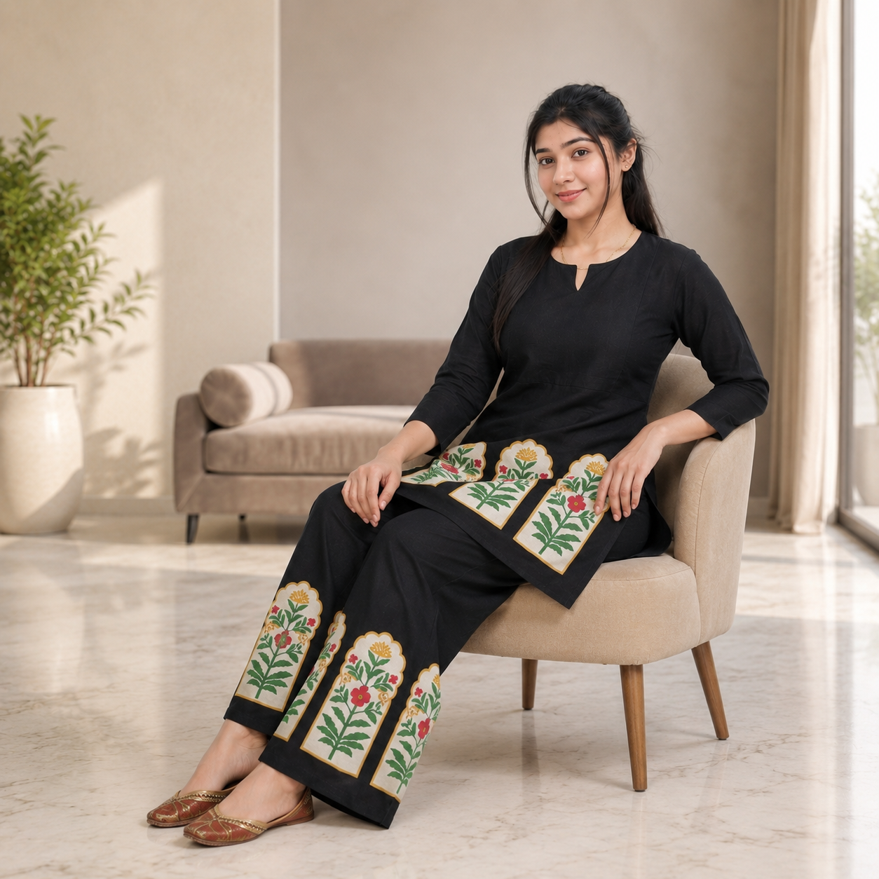 Black Cambric Cotton Floral Printed Co-Ord Set - Image 3