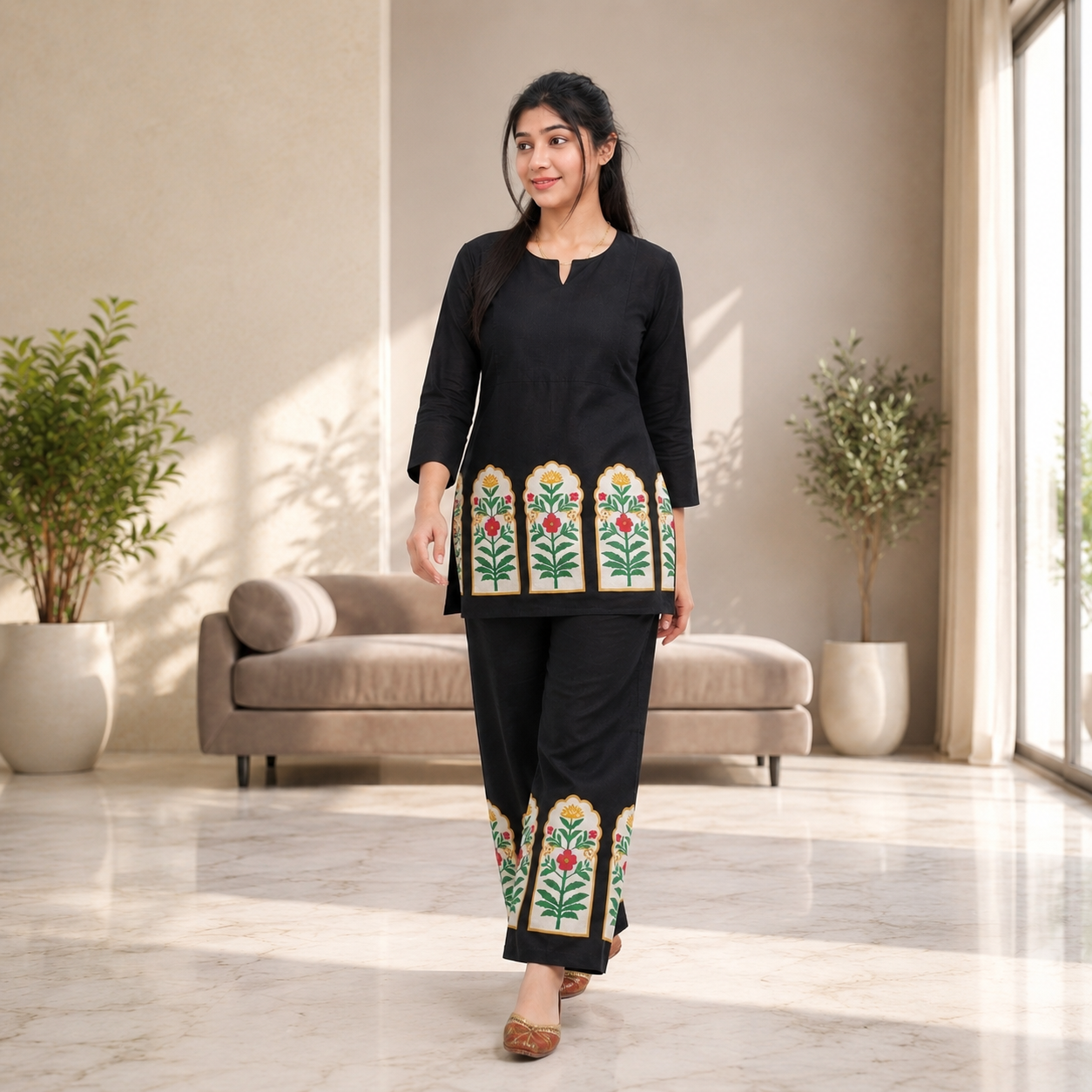 Black Cambric Cotton Floral Printed Co-Ord Set