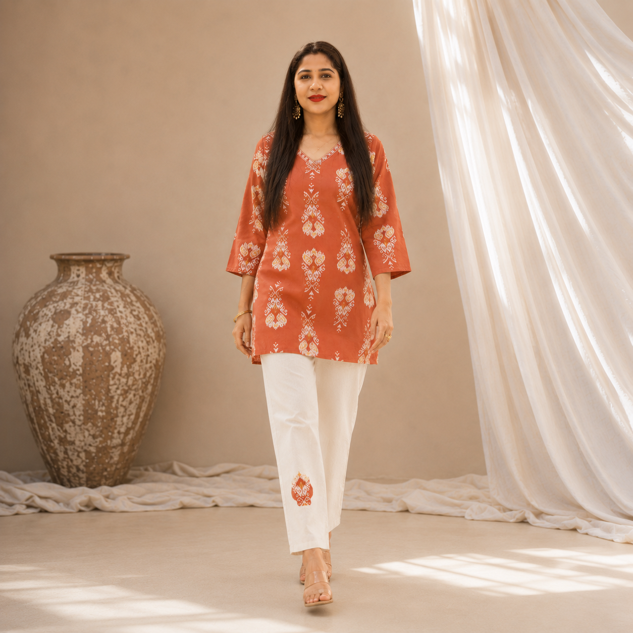 Orange Cambric Cotton Printed Co-ord set