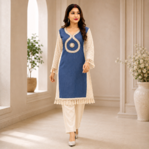 Blue Denim Chikankari Kurta Set with Soft Cotton Pants