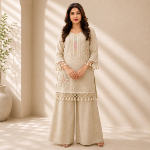 Cream Jute & Khadi Cotton Co-Ord Set for Women