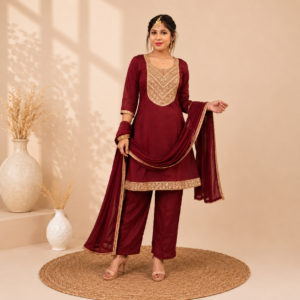 Maroon Mall Chanderi Embroidered Kurta Set with Dupatta for Women