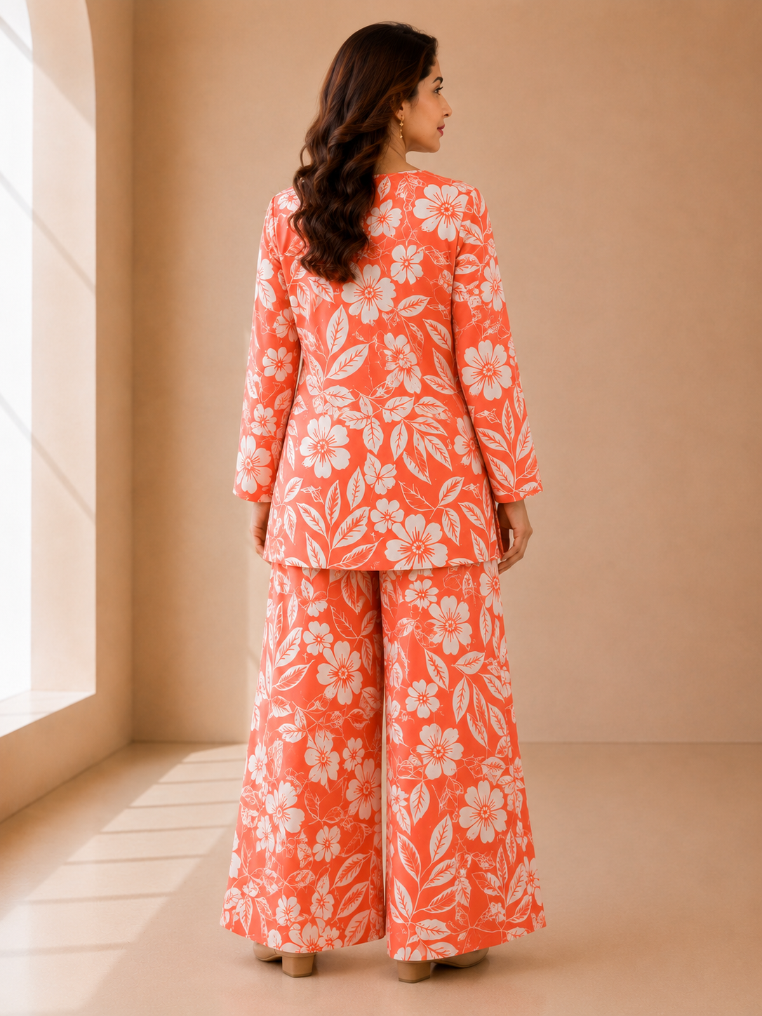Coral Orange Floral Printed Co-ord Set - Image 3