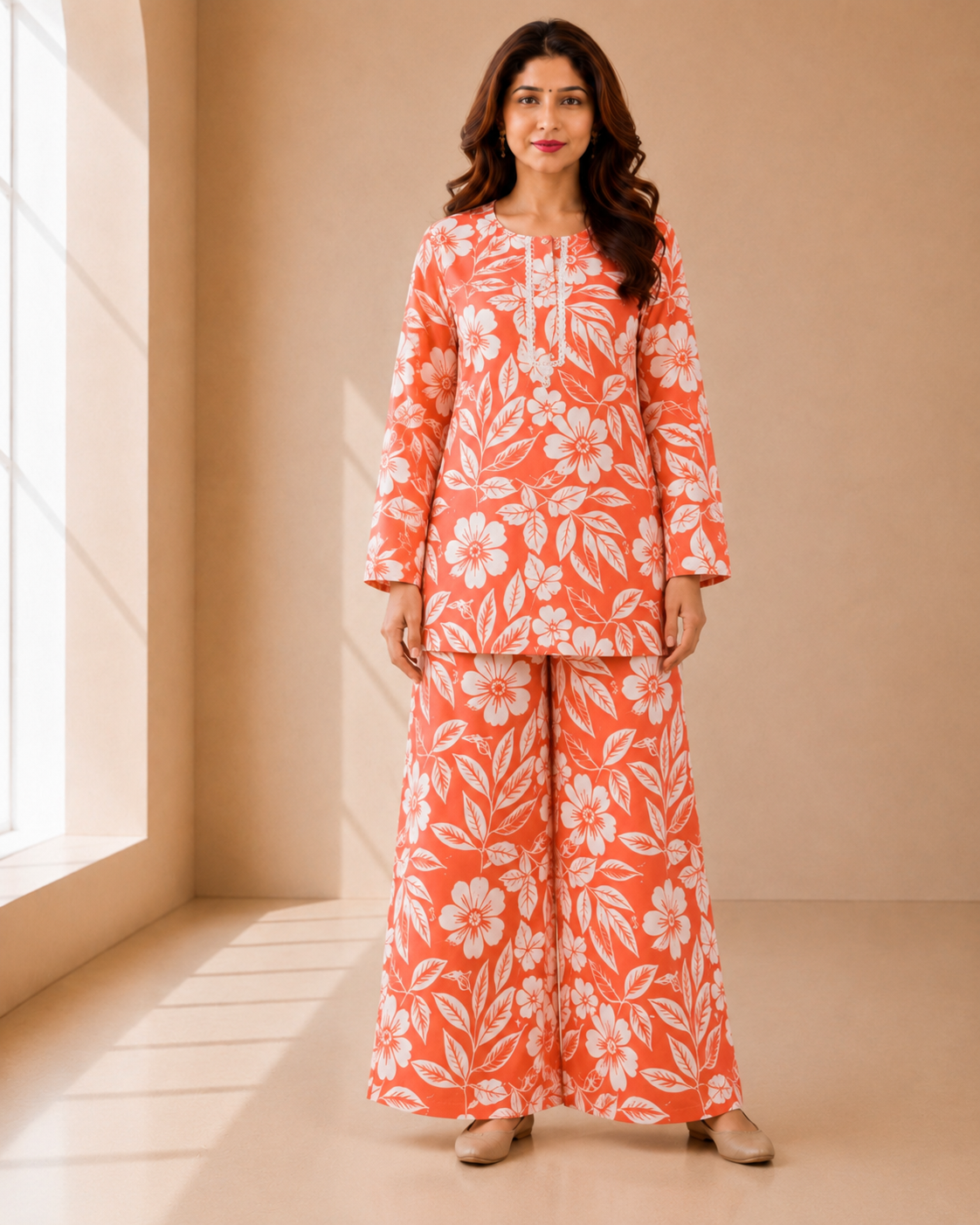 Coral Orange Floral Printed Co-ord Set - Image 2
