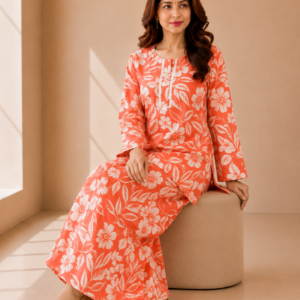 Coral Orange Floral Printed Co-ord Set