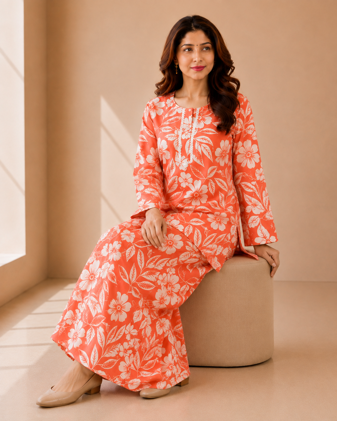 Coral Orange Floral Printed Co-ord Set