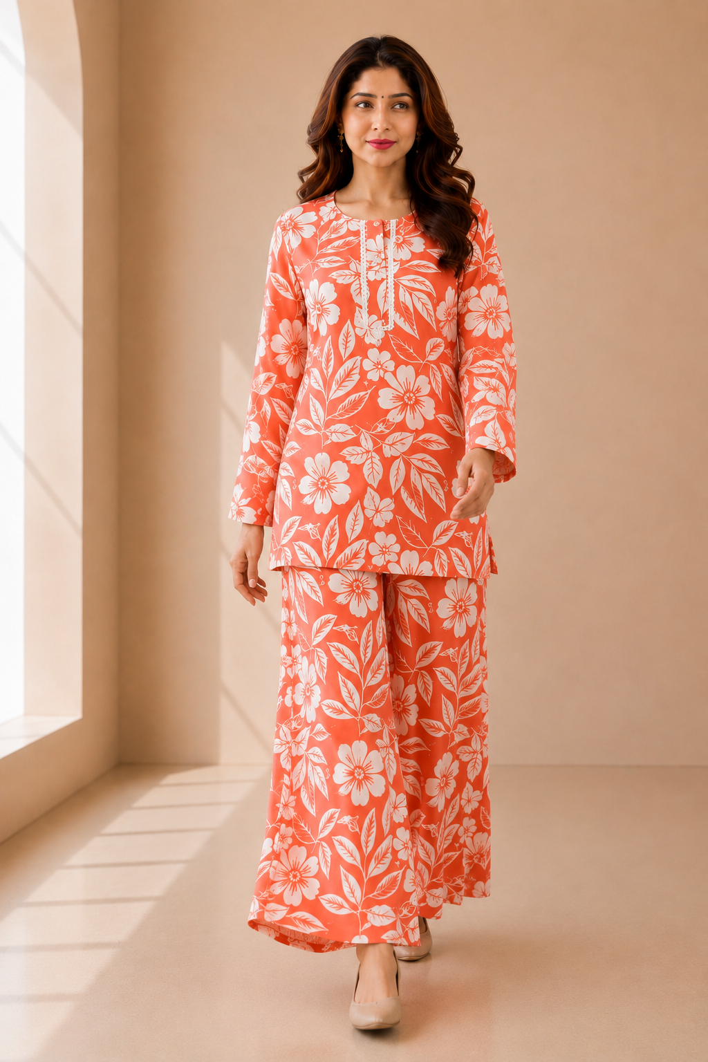 Coral Orange Floral Printed Co-ord Set - Image 5