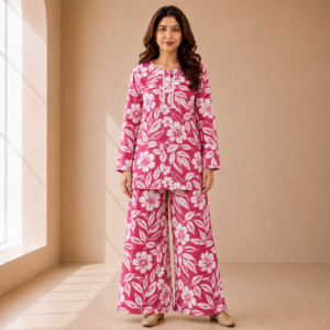 Pink Floral Printed Lafar Fabric Co-ord Set