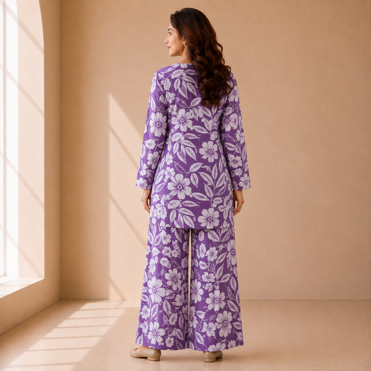 Lavender Floral Printed Lafar Fabric Co-ord Set - Image 5