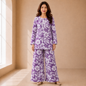 Lavender Floral Printed Lafar Fabric  Co-ord Set
