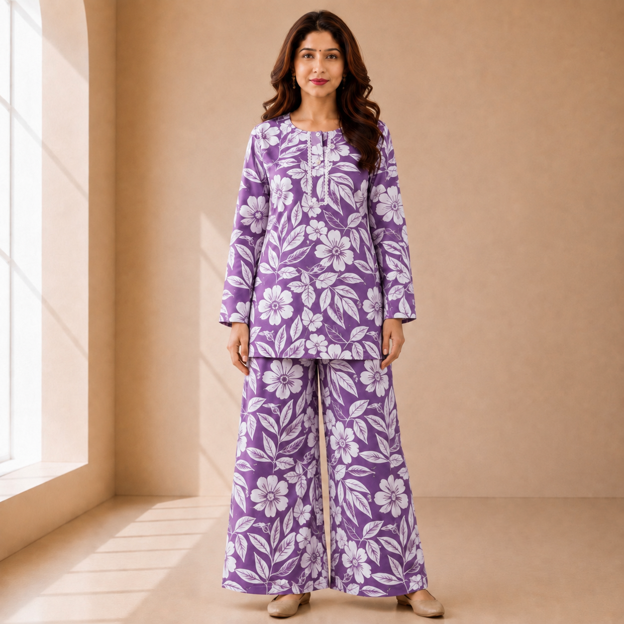 Lavender Floral Printed Lafar Fabric Co-ord Set