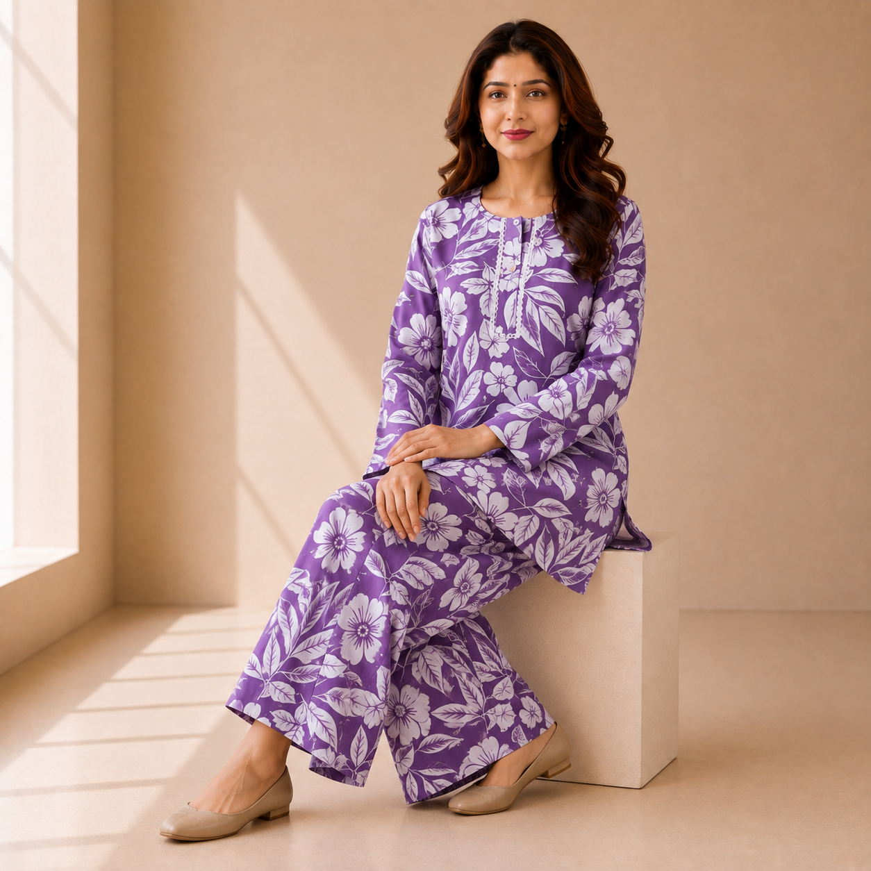 Lavender Floral Printed Lafar Fabric Co-ord Set - Image 2