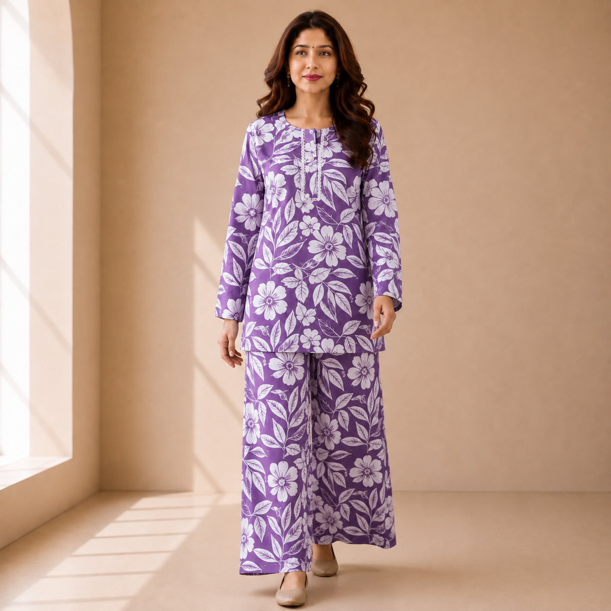 Lavender Floral Printed Lafar Fabric Co-ord Set - Image 4