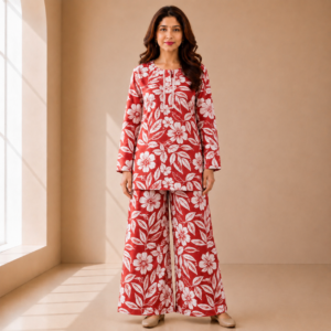Red Floral Printed Lafar Fabric Co-ord Set