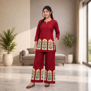 Red Cambric Cotton Floral Printed Co-Ord Set