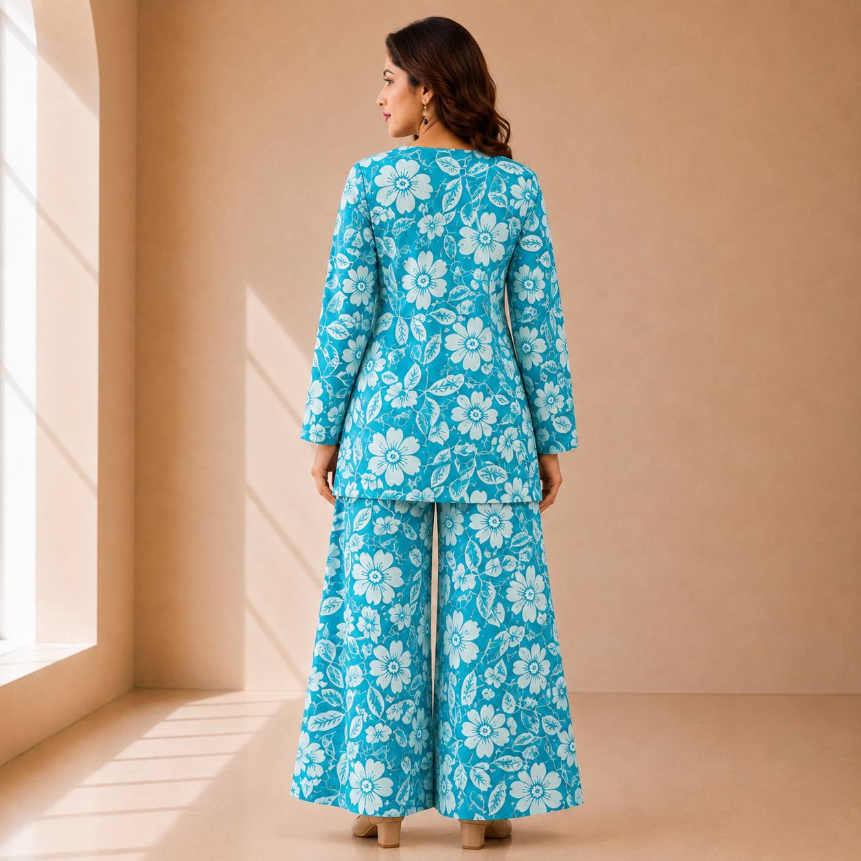 Sky Blue Floral Printed Lafar Fabric Co-ord Set - Image 5