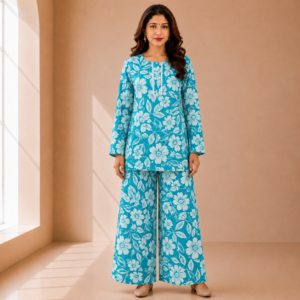 Sky Blue Floral Printed Lafar Fabric Co-ord Set