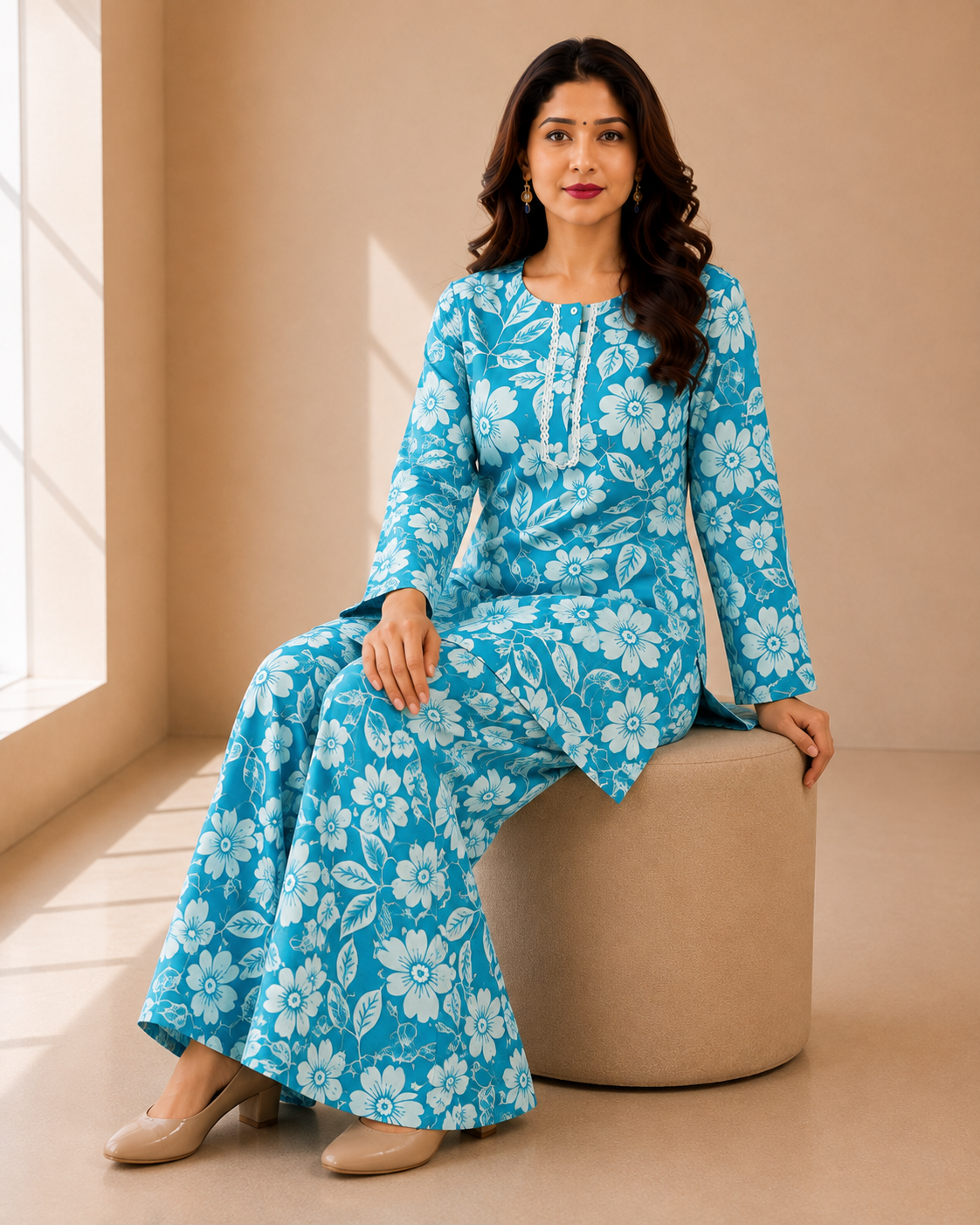 Sky Blue Floral Printed Lafar Fabric Co-ord Set - Image 3