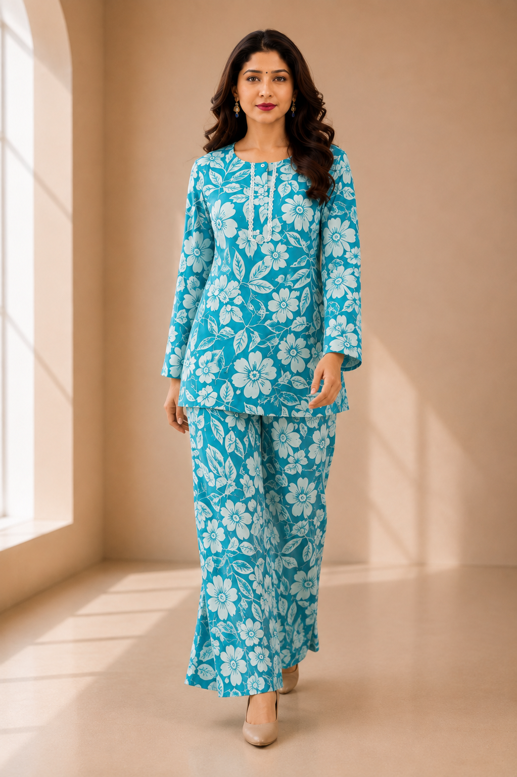 Sky Blue Floral Printed Lafar Fabric Co-ord Set - Image 2