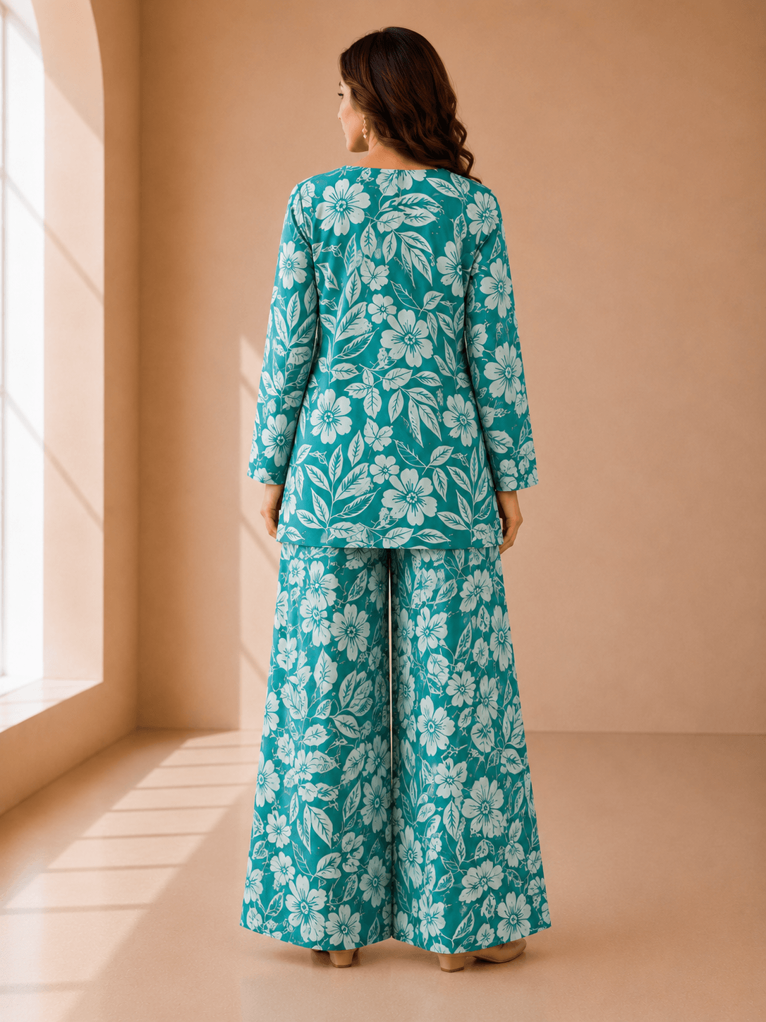 Sea Green Floral Printed Lafar Fabric Co-ord Set - Image 5