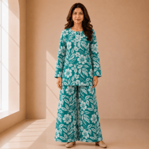 Sea Green Floral Printed Lafar Fabric  Co-ord Set