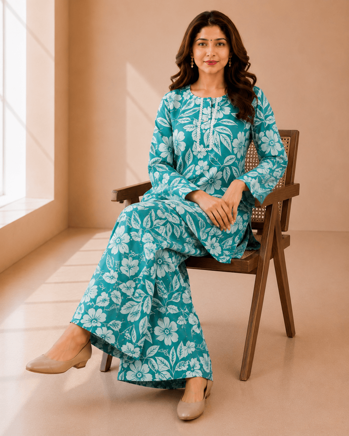 Sea Green Floral Printed Lafar Fabric Co-ord Set - Image 3