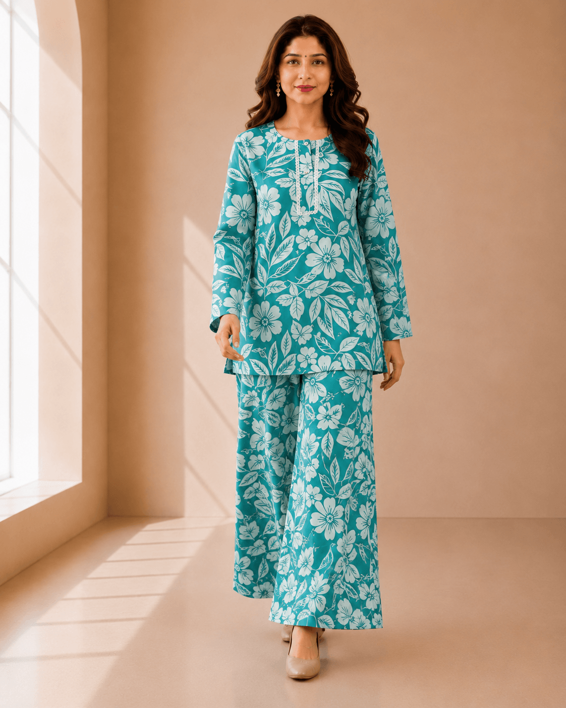 Sea Green Floral Printed Lafar Fabric Co-ord Set - Image 6