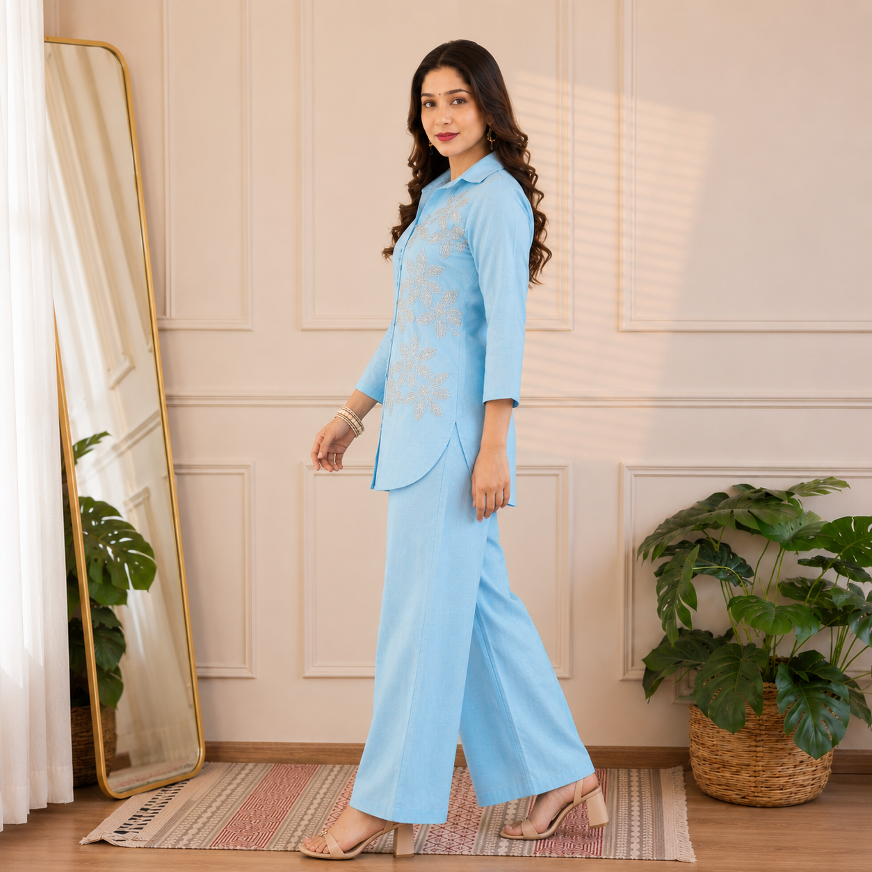 Sky Blue Mall Chanderi Embroidered Co-Ord Set - Image 2