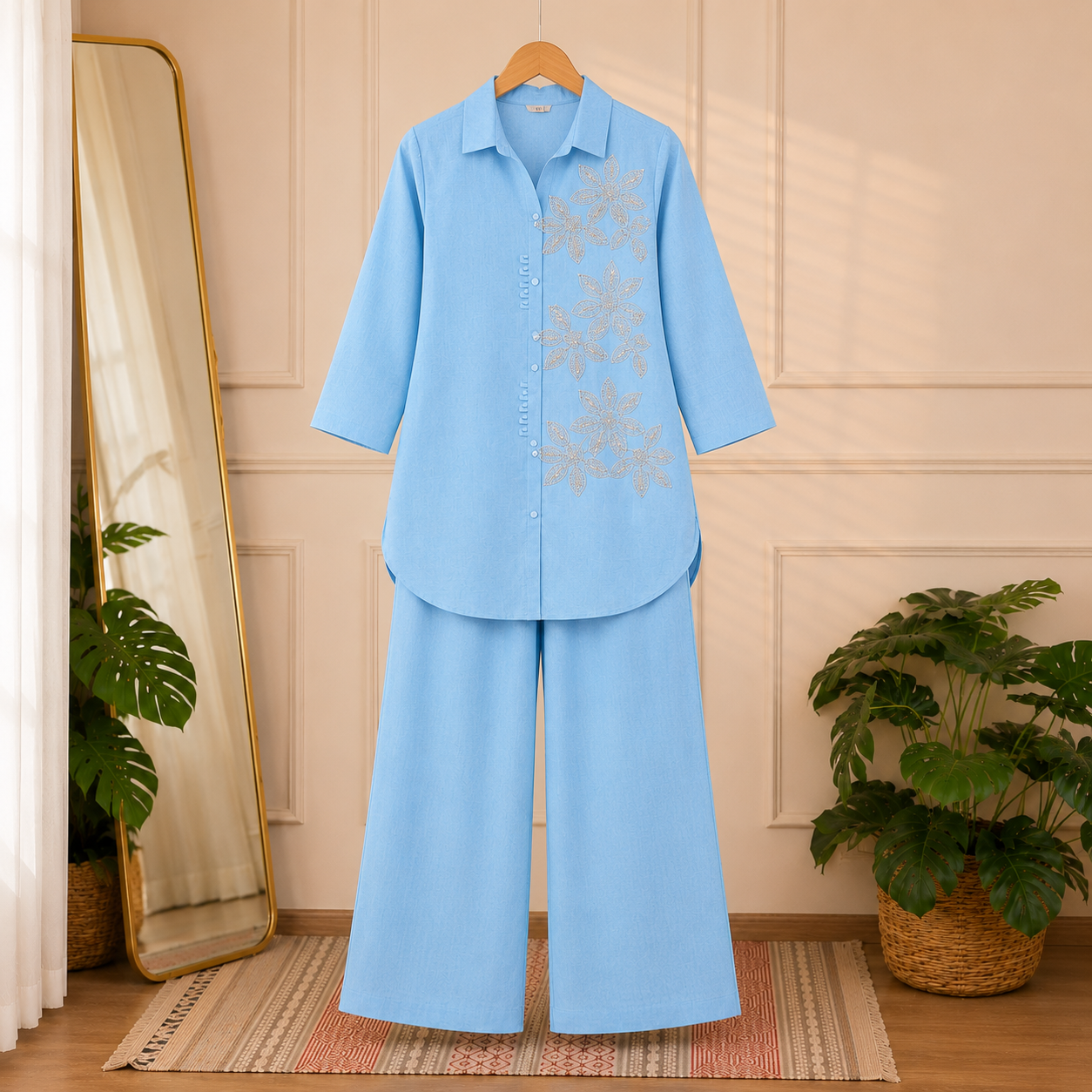 Sky Blue Mall Chanderi Embroidered Co-Ord Set - Image 4
