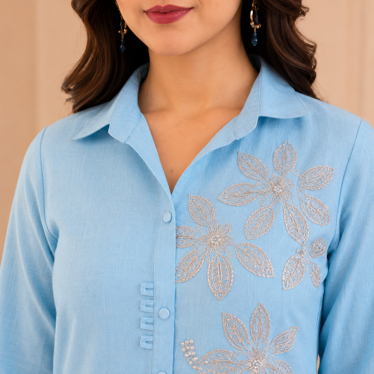Sky Blue Mall Chanderi Embroidered Co-Ord Set - Image 6